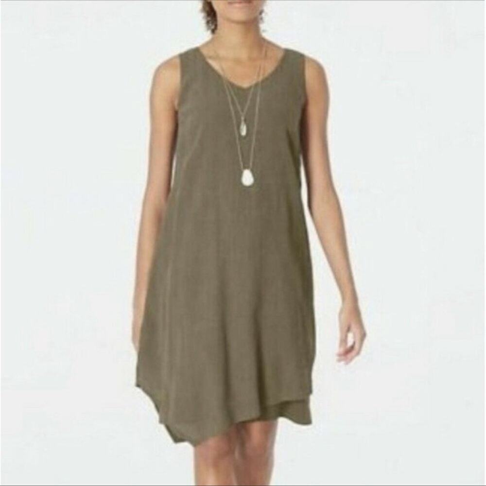 J. Jill Green Pure Jill Olive Asymmetrical Hem Crinkle Dress Lagenlook XS